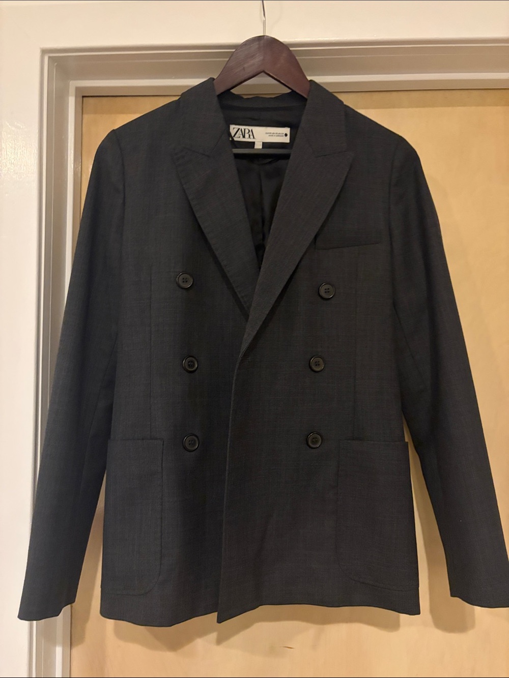 Zara double breasted charcoal wool blazer jacket size xs